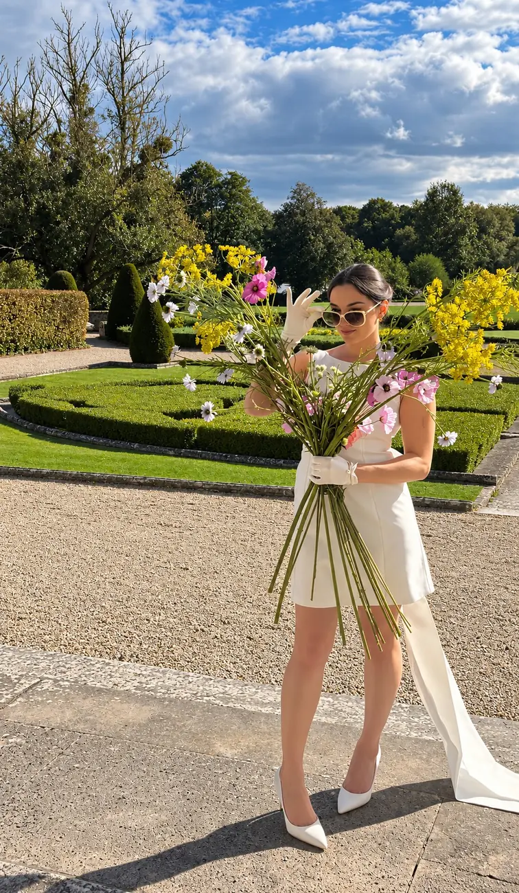 Mariée au bouquet dans les jardins