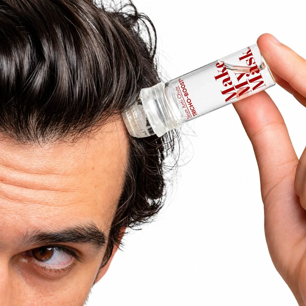 Application d'un sérum Make My Mask sur le cuir chevelu d'un homme
