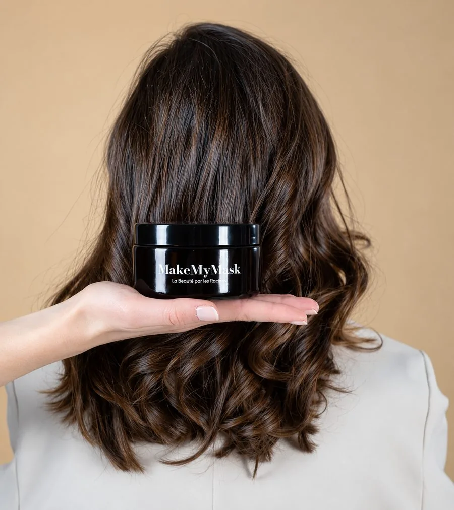 Pot de soin Make My Mask posé sur les cheveux