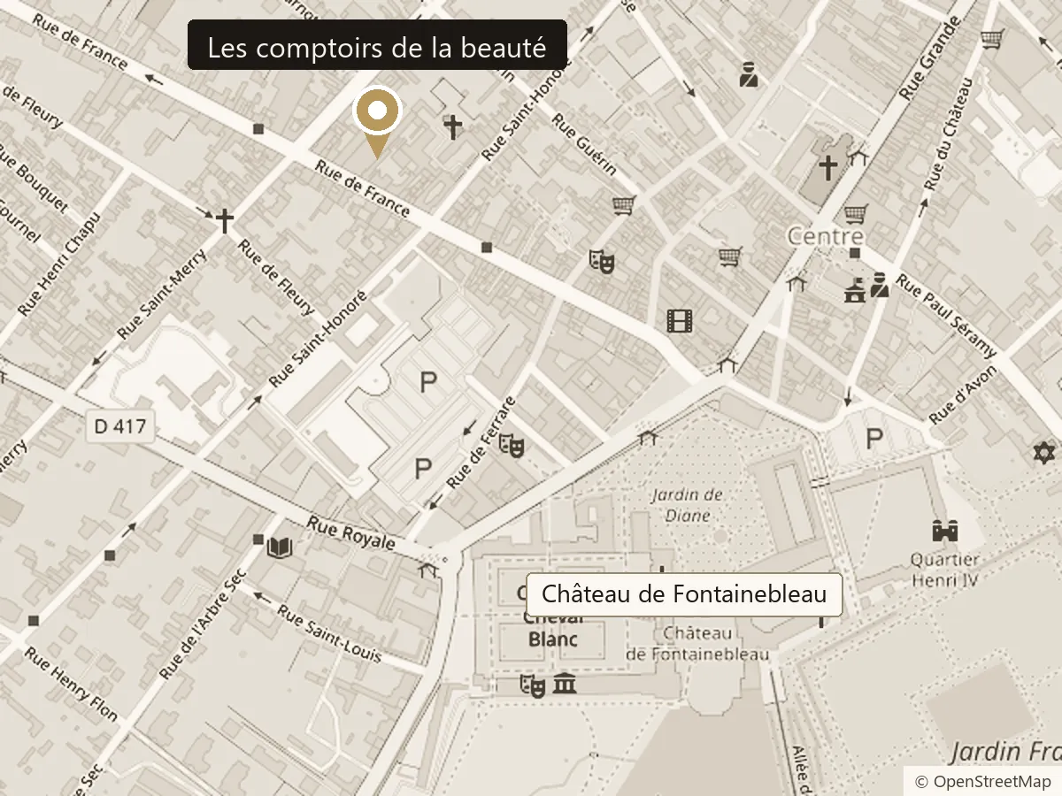 Plan d'accès : Les comptoirs de la beauté, 70 rue de France à Fontainebleau, près du château